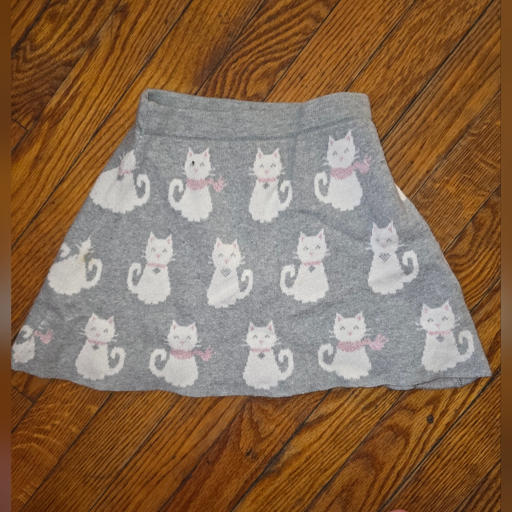 Gymboree Gray Knit Skirt with White Cat Print and Pink Accents